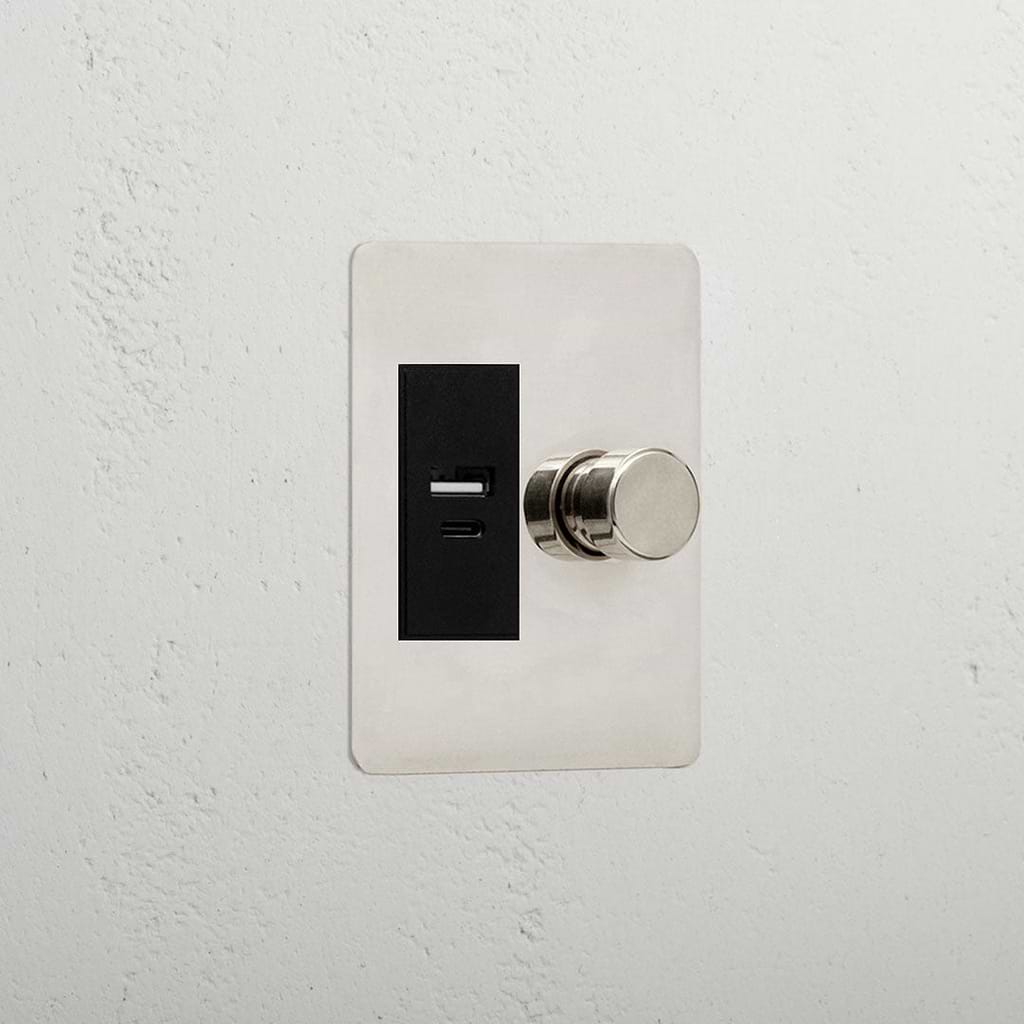 Designer Polished Nickel Slimline 1 Gang 2 Way Dimmer And Usb A+C Switch Black