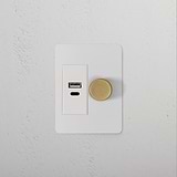 1G Two Way Dimmer + USB A+C Slimline Switch with antique brass finish on paintable white background.