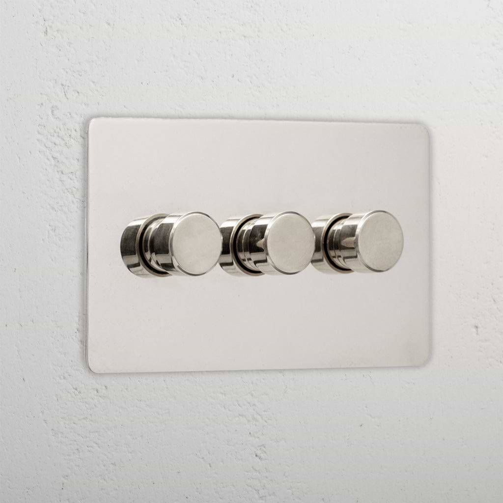 Premium Polished Nickel 3 Gang 2 Wat Dimmer Light Switch