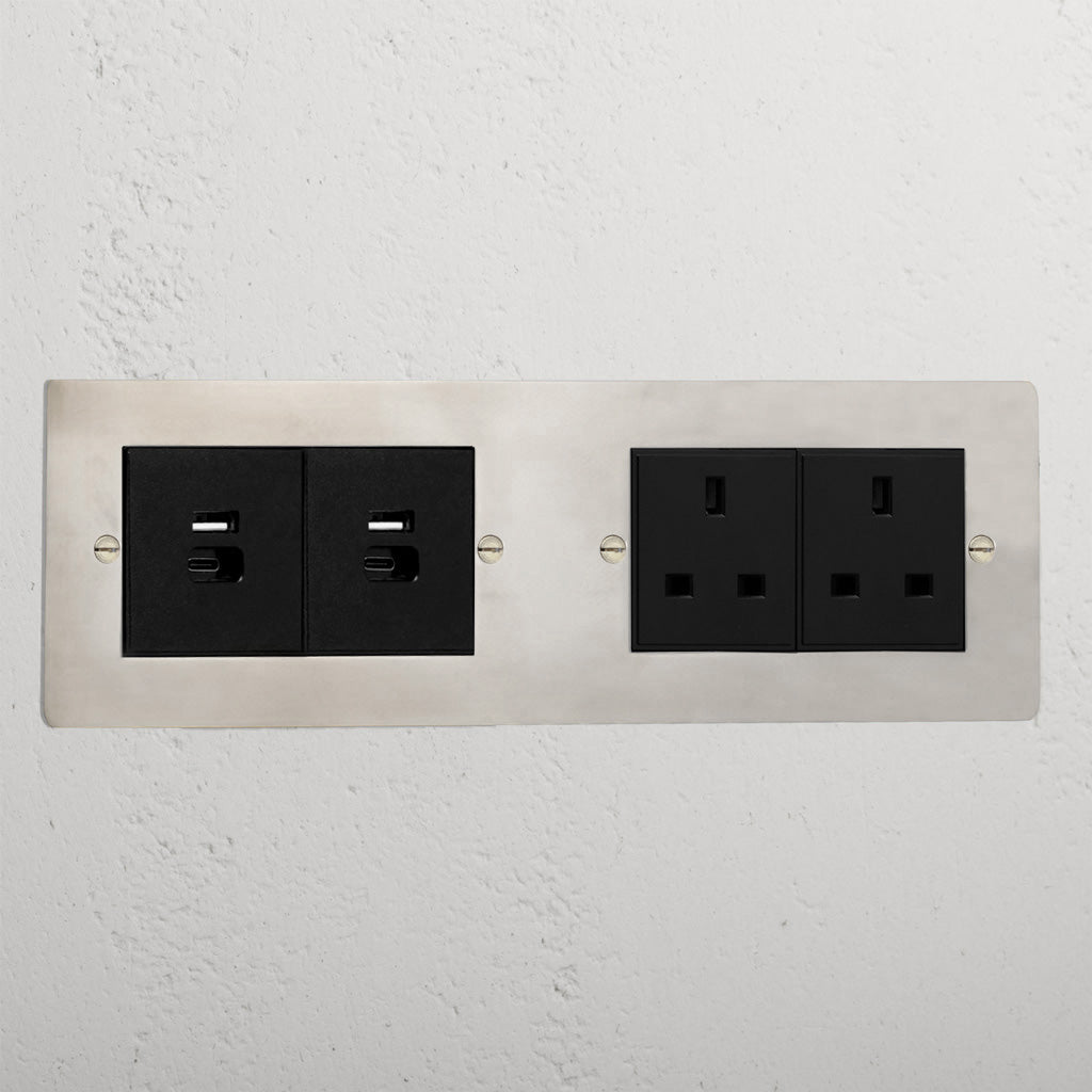 Luxury polished nickel 2x 13A socket and 2x USB A+C port fast charge socket black