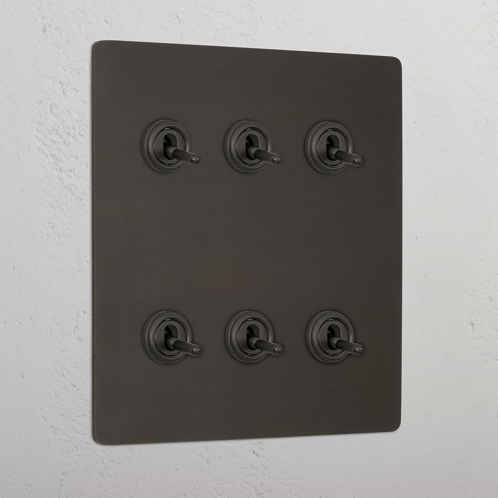 Bronze plate with six 6G toggle retractive switches for lighting control.