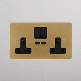 antique brass luxury double socket with USB-C fast charge beside lamp