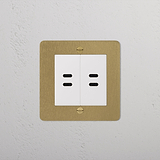 Antique brass wall socket with 2 USB C+C ports, white faceplate; suitable for 1G Sockets & Modules.