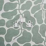 Clear white double socket UK with two outlets on a green and white abstract wall, ideal for 2G sockets & modules.