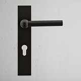 Harper Long Plate Sprung Door Handle & Euro Lock in bronze against a white wall for added style and security.