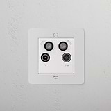 Paintable white 1G aerial socket with ports labeled SAT1, SAT2, TV, and FM.