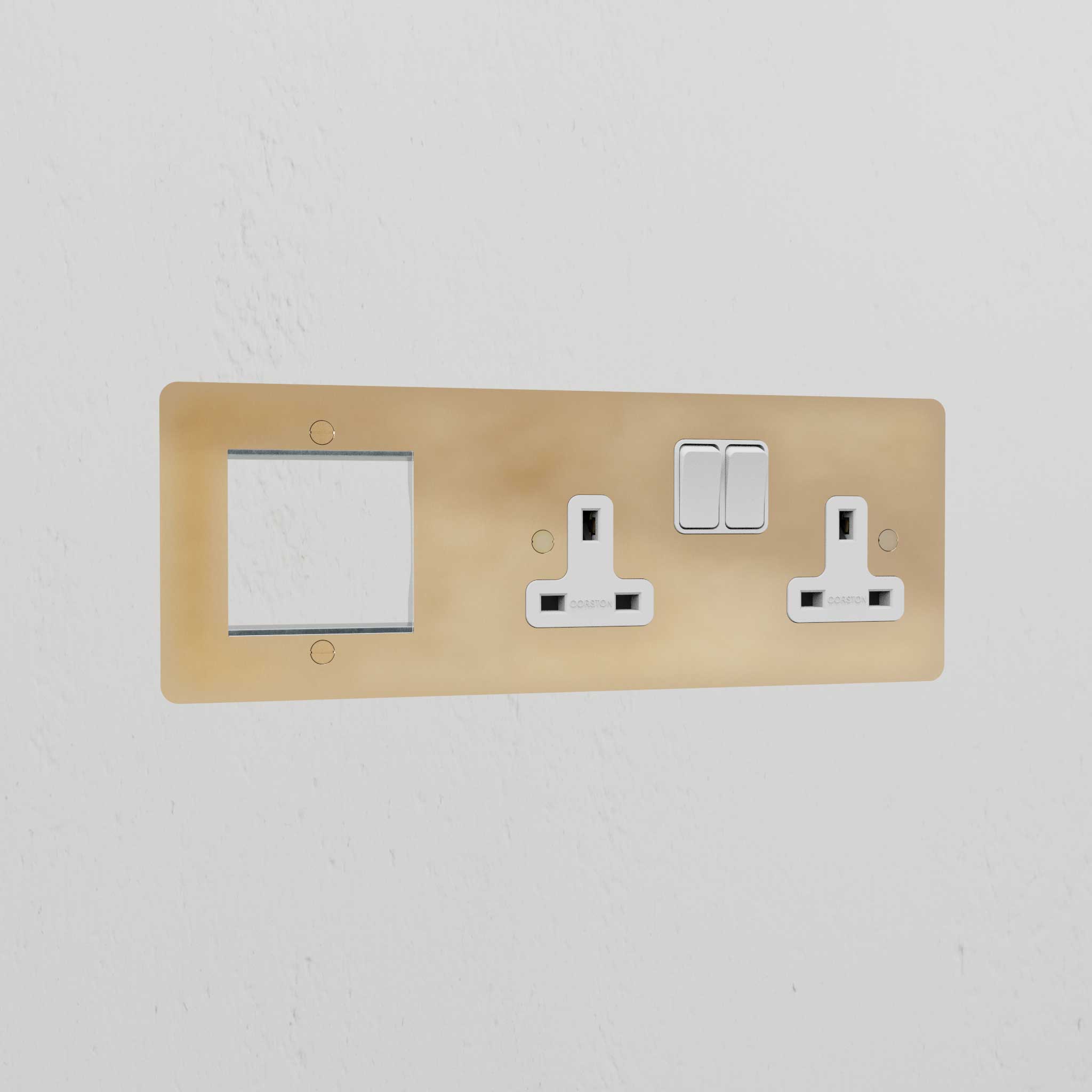 1G 50mm Module & Double Socket Uk Plate - Antique Brass White