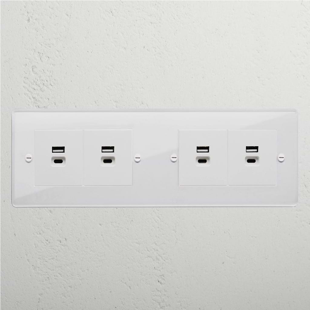 Clear premium 4x USB A+C fast charge socket white