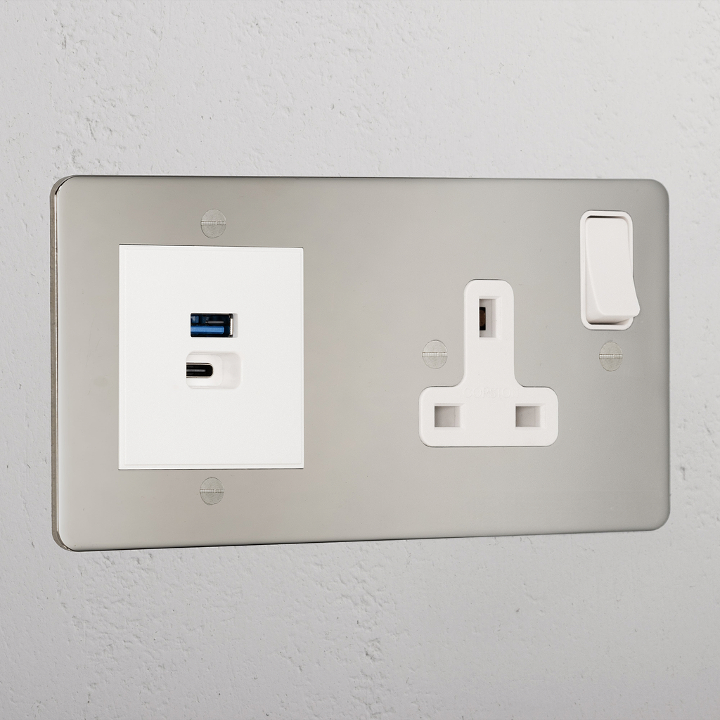 Designer Polished Nickel Single Socket And Usb A+C Fast Charge White