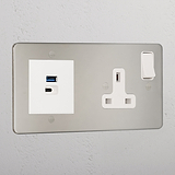 Designer Polished Nickel Single Socket And Usb A+C Fast Charge White