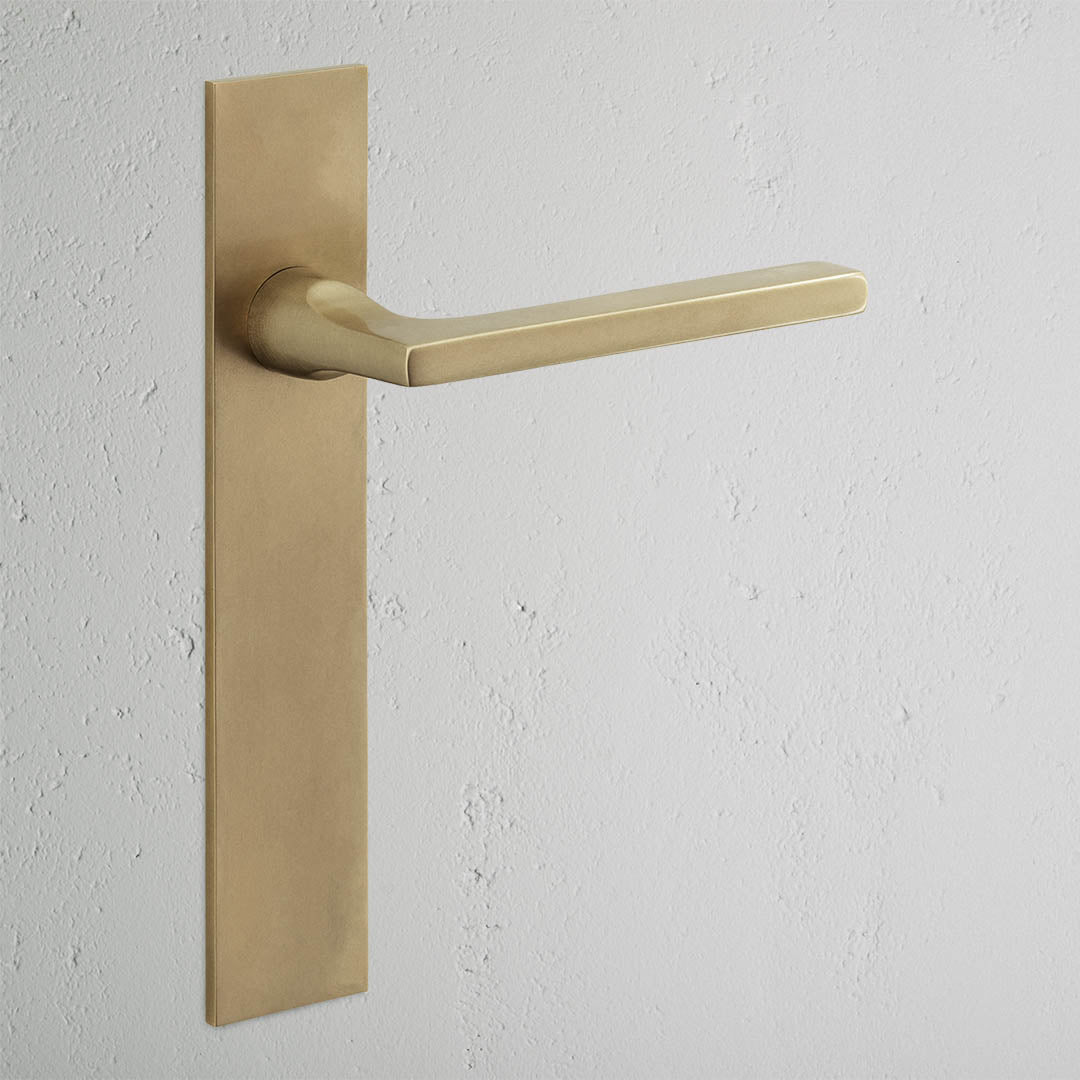 Clayton Long Plate Fixed Door Handle in antique brass mounted on a wall, showcasing classic design and craftsmanship.