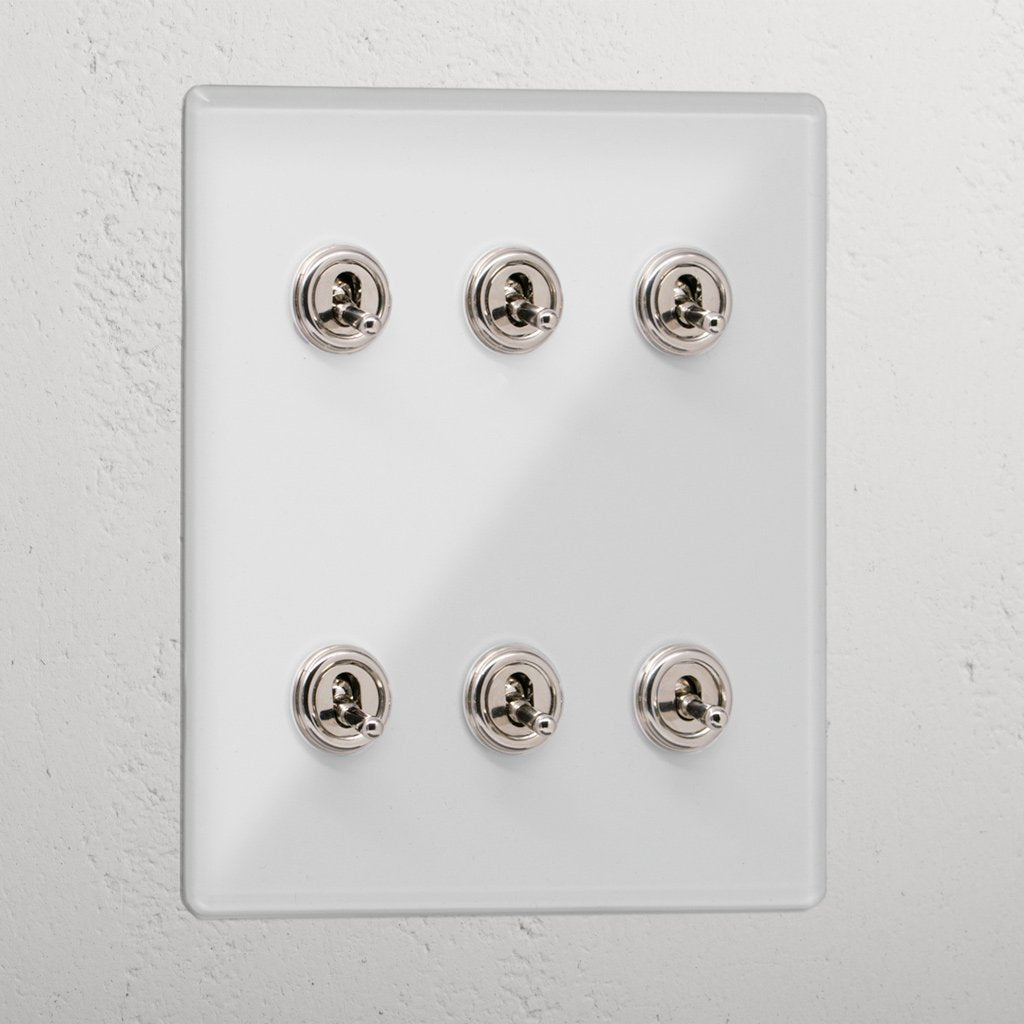 Elegant Clear Polished Nickel 6 Gang 2 Way Toggle Light Switch