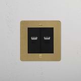 Antique Brass Black 1G USB A+C wall socket, featuring dual USB ports in a sleek brass frame.