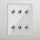 Elegant Clear Polished Nickel 6 Gang 2 Way Toggle Light Switch