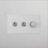 3G Mixed Switch 2T1D in paintable polished nickel with three toggles, combining style and function for any decor.