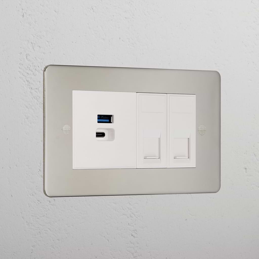 Designer Polished Nickel 2x Cat6 And Usb A+C Fast Charge Socket White