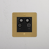 Antique Brass Black Aerial Socket panel with TV, FM, SAT1, and SAT2 ports on a textured surface.
