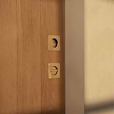 Close-up of a wooden door with one antique brass circular handle and a regent recessed thumbturn.