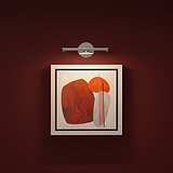 Abstract red/orange shapes on white, dark red wall, lit by Taylor Picture Light 220mm in polished nickel.