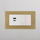 Antique Brass White 2G socket with two CAT 6 ports and USB A+C Fast Charge for efficient connectivity.