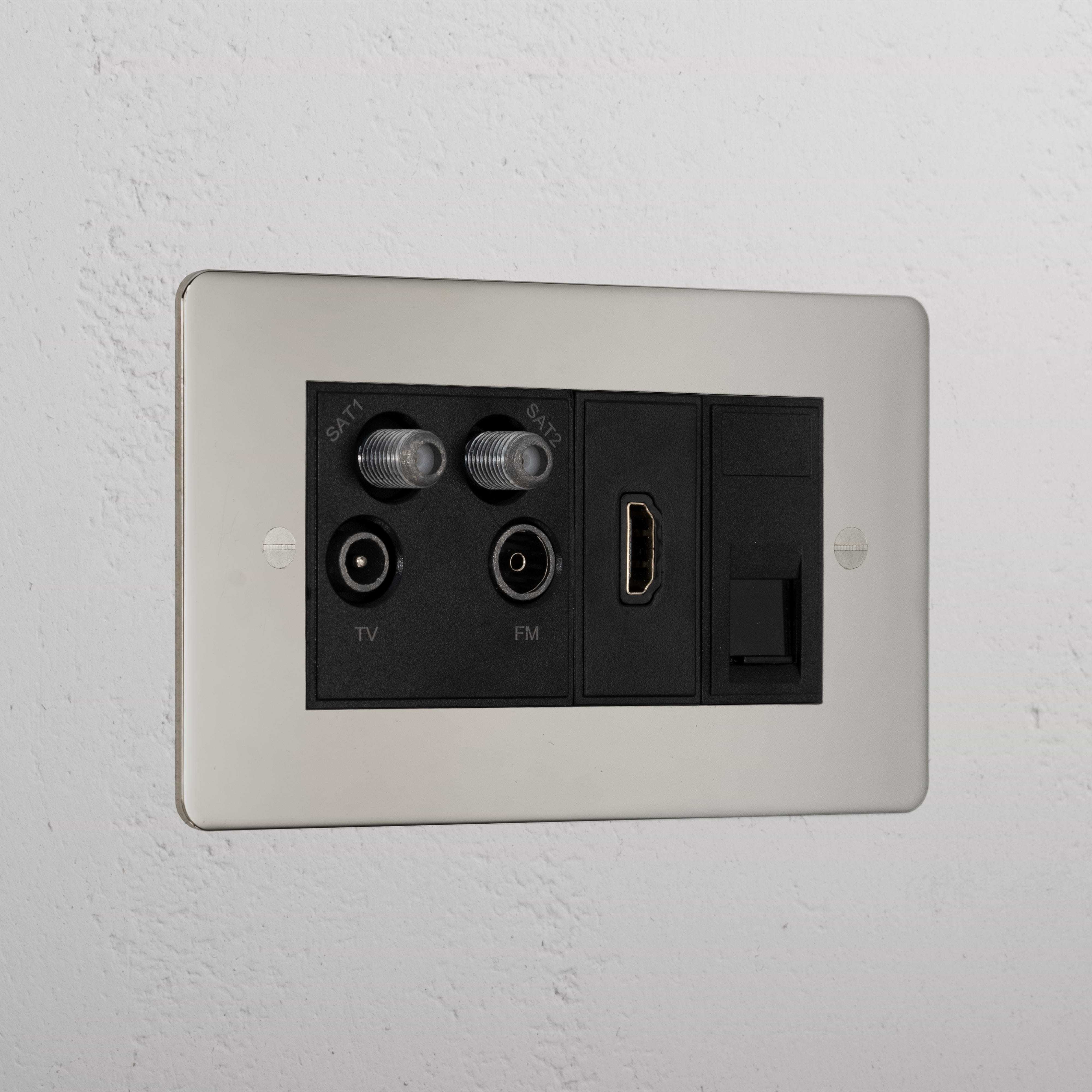 Designer Polished Nickel Tv Aerial And Hdmi And Cat6 Socket Black