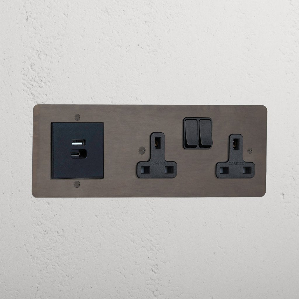 Bronze Designer Double Socket And Usb A+C Fast Charge Black