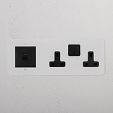 Black paintable double socket with USB A+C fast charge ports, ideal for versatile power needs.