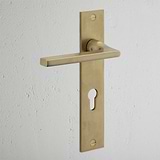 Clayton Long Plate Sprung Door Handle & Euro Lock in Antique Brass on a white wall, features keyhole and Euro Lock.