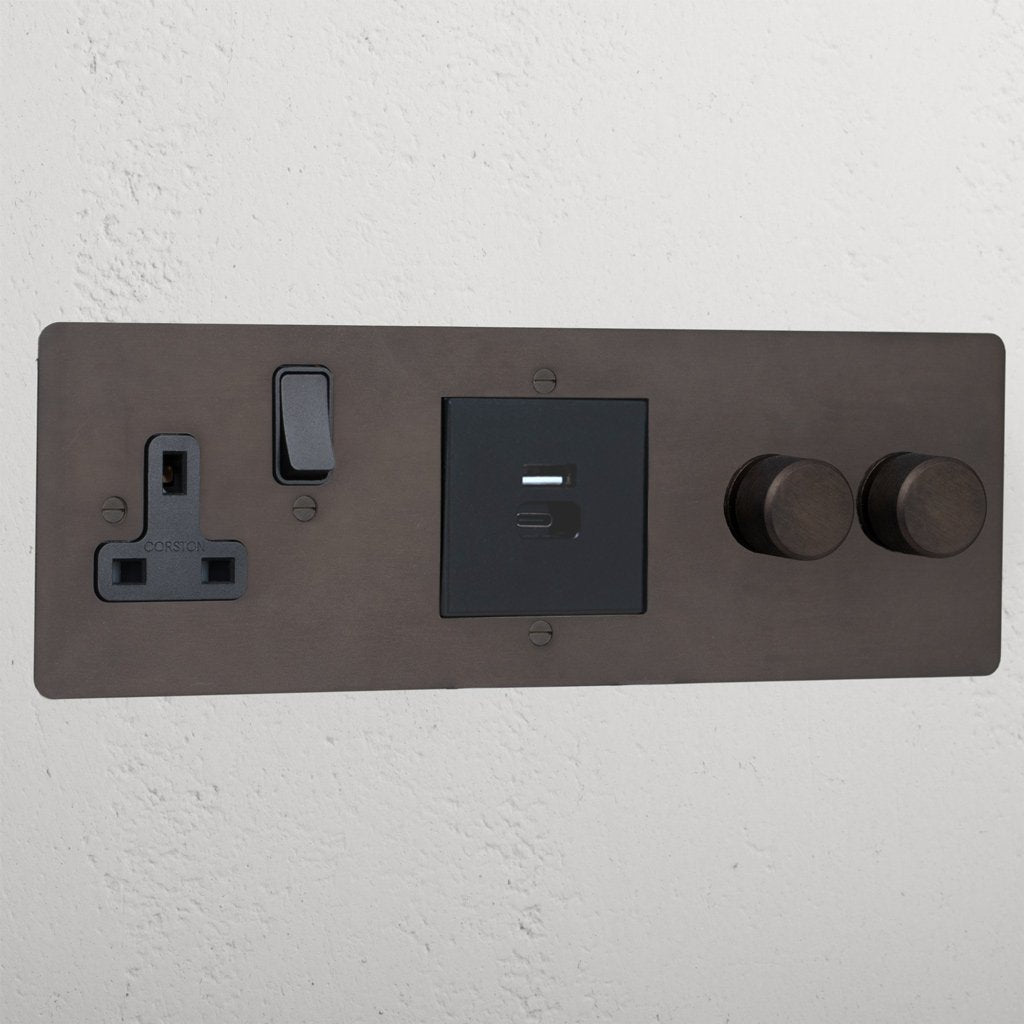 Bronze Designer 2 Gang Dimmer And Usb A+C Fast Charge And Single Socket Black