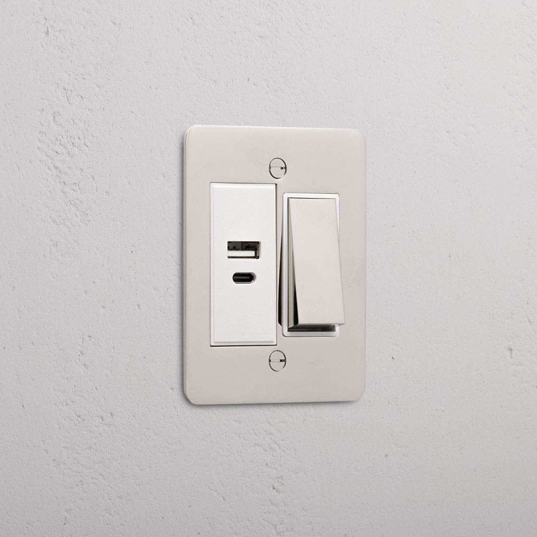 1G Two Way Rocker + Usb A+C Slimline Switch - Polished Nickel White