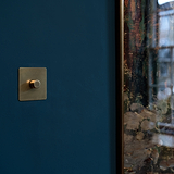 Antique brass 1G two way dimmer switch on a dark teal wall.