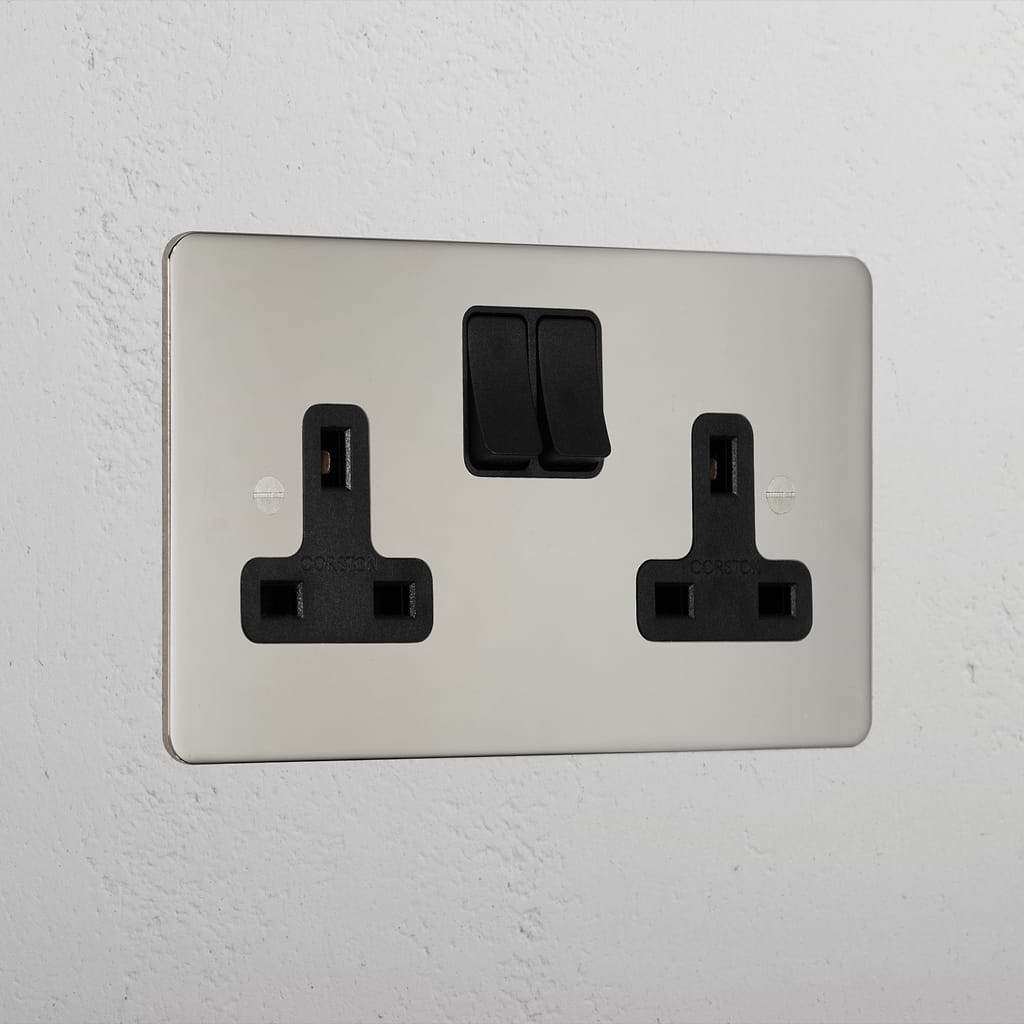 Premium Polished Nickel Double Socket Uk Black