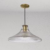 Hammersmith Large Pendant Light in fluted glass with antique brass finish, elegantly suspended from a white ceiling.