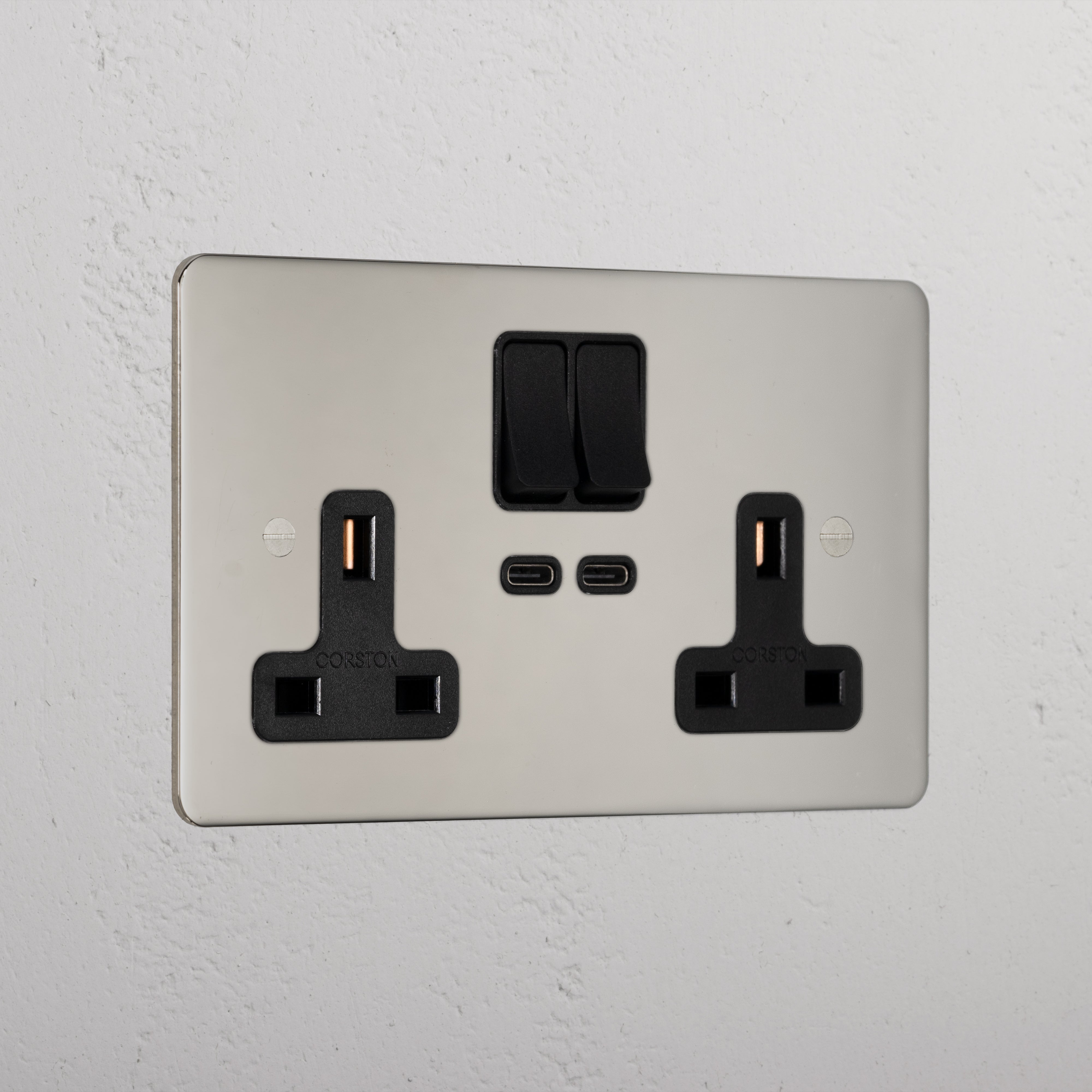 Designer Polished Nickel Double Socket With Usb-C Fast Charge Socket Black