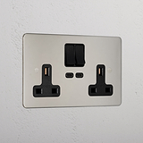 Designer Polished Nickel Double Socket With Usb-C Fast Charge Socket Black