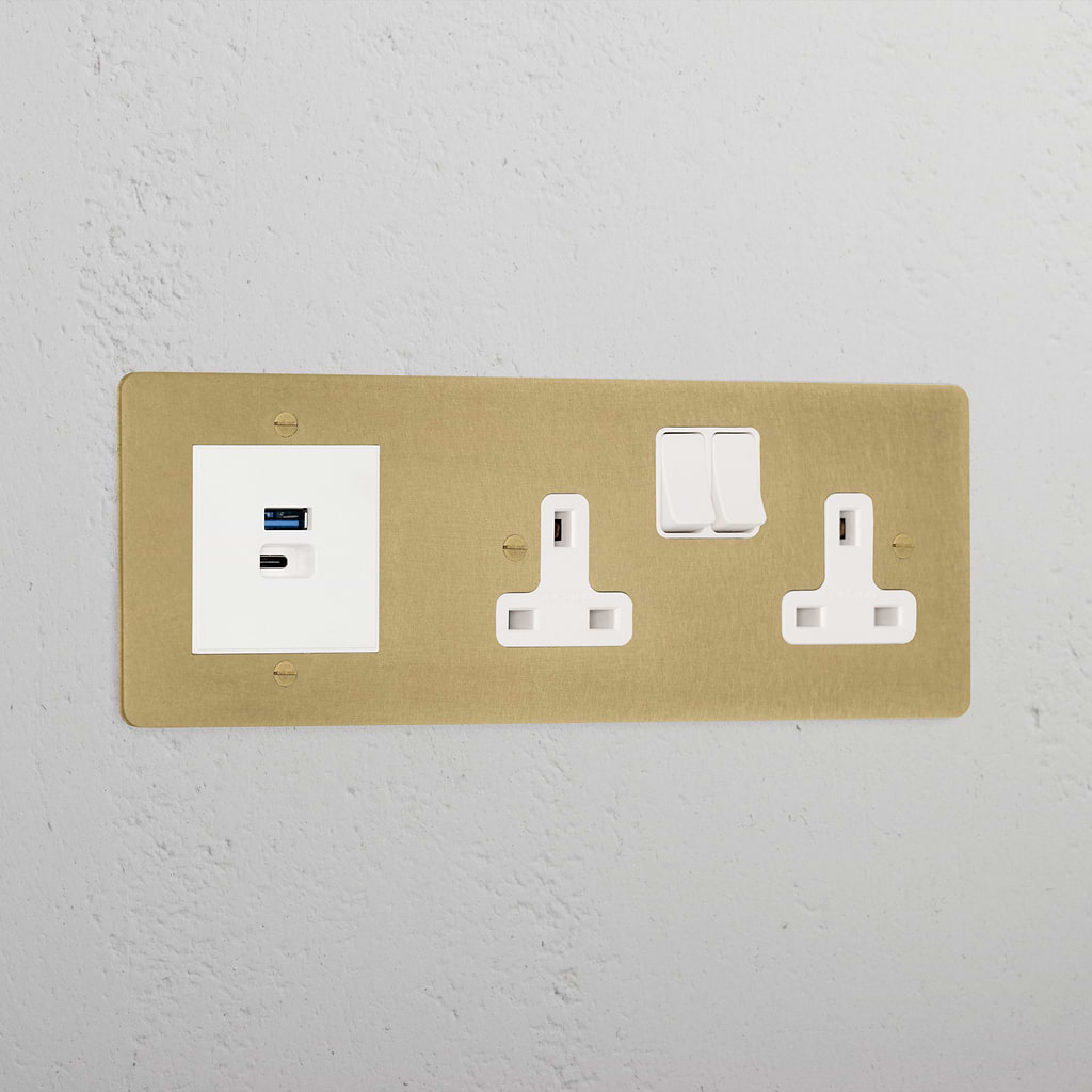Premium Antique Brass Double Socket And Usb A+C Fast Charge Socket White