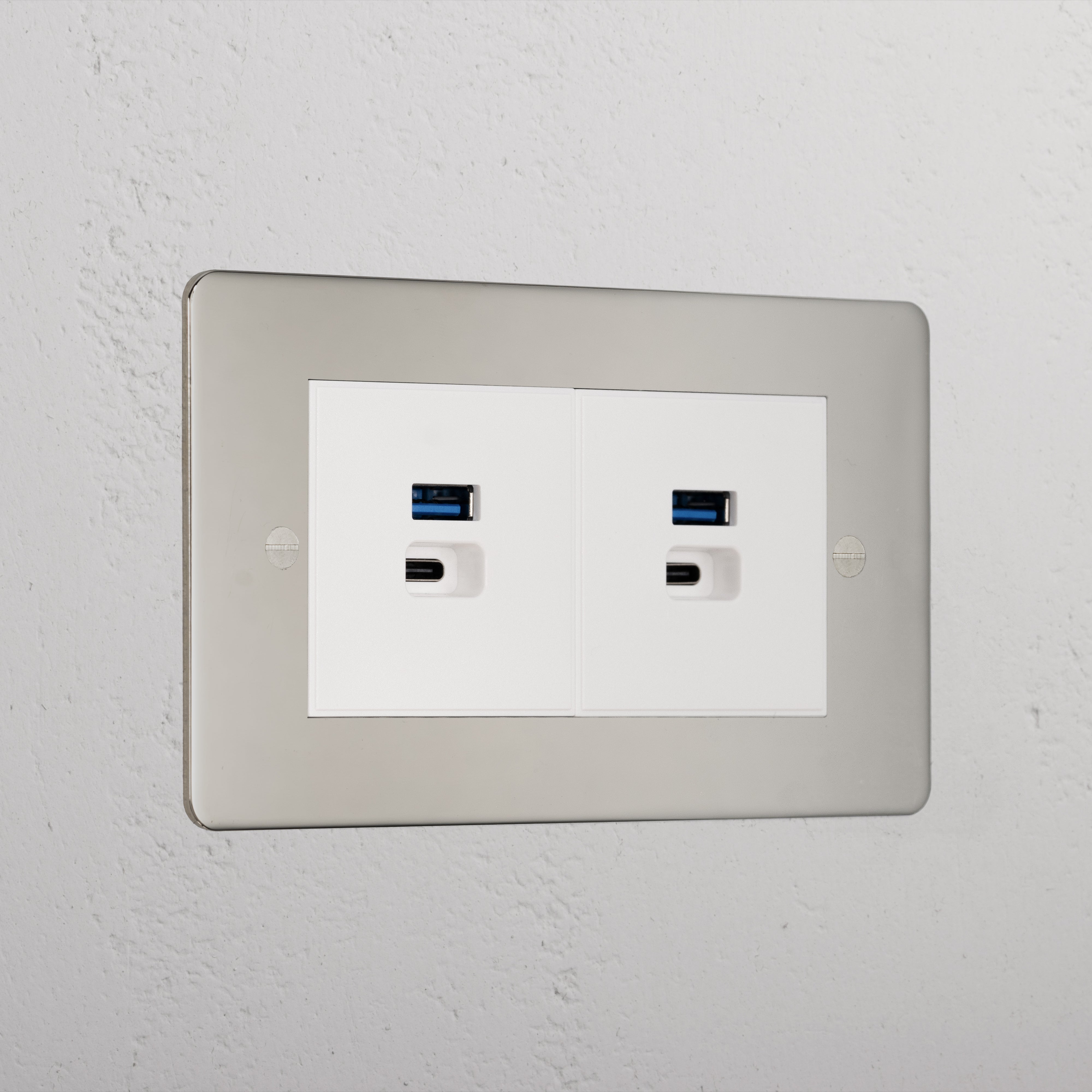 Luxury Polished Nickel 2x Usb A+C Fast Charge White