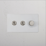 3G Mixed Switch 2T1D in paintable polished nickel with three toggles, combining style and function for any decor.