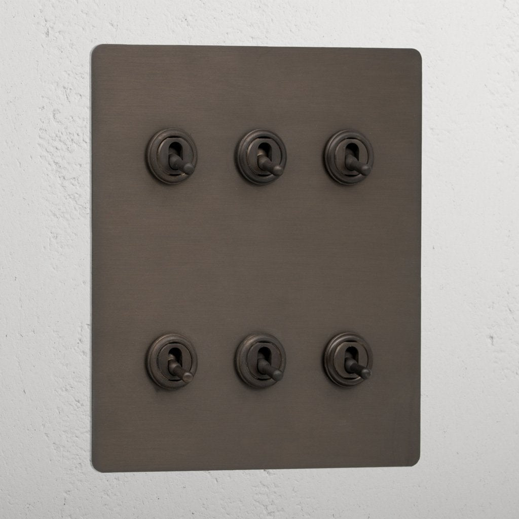 Bronze plate with six 6G toggle retractive switches for lighting control.