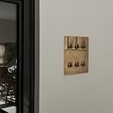Antique brass 6G two-way toggle switch on a wall, matching an elegant mirrored door in a dining area.