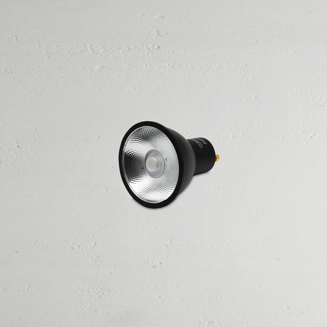 Chester Black GU10 LED Bulb 12° 50mm on White Background