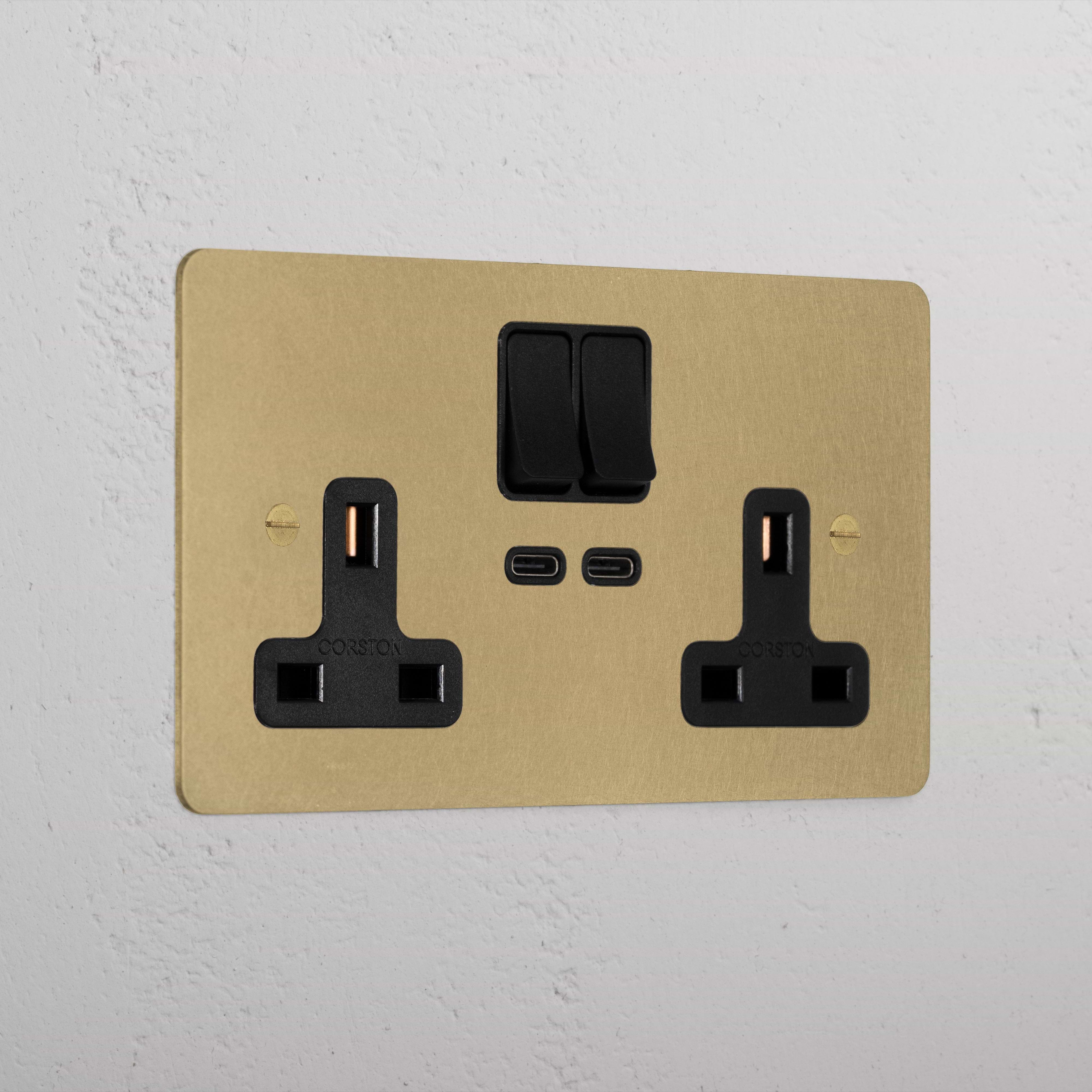 Designer Antique Brass Double Socket With Usb-C Fast Charge Black
