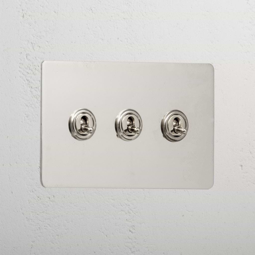 Designer polished nickel 3 gang 2 way toggle light switch