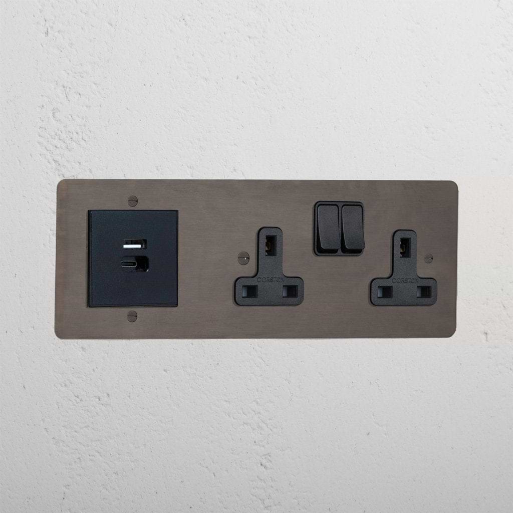 Bronze designer double socket and USB A+C fast charge black