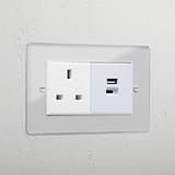 Clear 13A socket and USB A+C fast charge luxury socket white