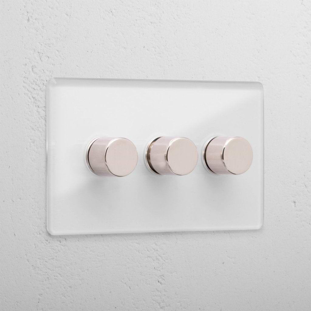 Designer clear polished nickel 3 gang 2 way dimmer light switch