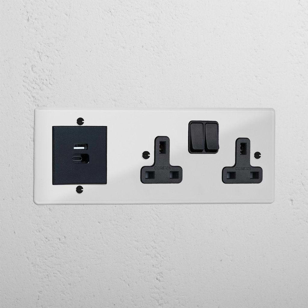 Clear double socket and USB A+C fast charge luxury socket black