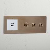 Luxury antique brass 3 gang toggle switch and USB A+C fast charge socket white