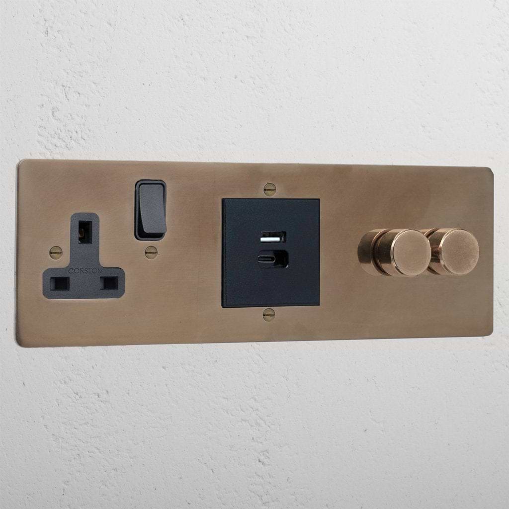 Premium antique brass 2 gang dimmer and USB A+C fast charge and single socket black