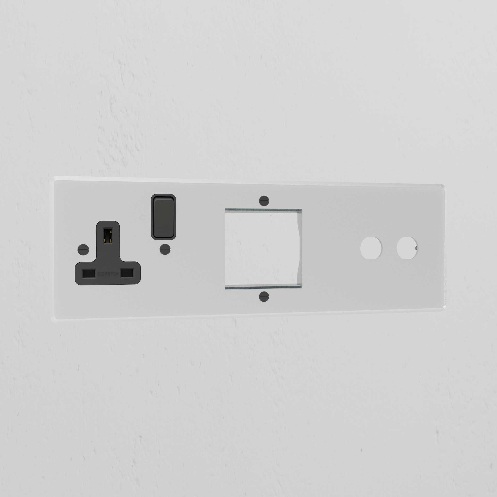 Single Socket UK & 1G 50mm Module & 2G Switch Plate - Clear Black